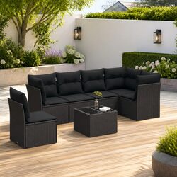 7 Piece Garden Sofa Set Outdoor Furniture Black Poly Rattan with Cushions