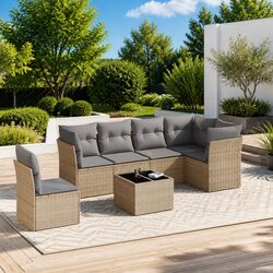 Garden Sofa Set 7 Piece Outdoor Furniture Beige Poly Rattan Patio Lounge
