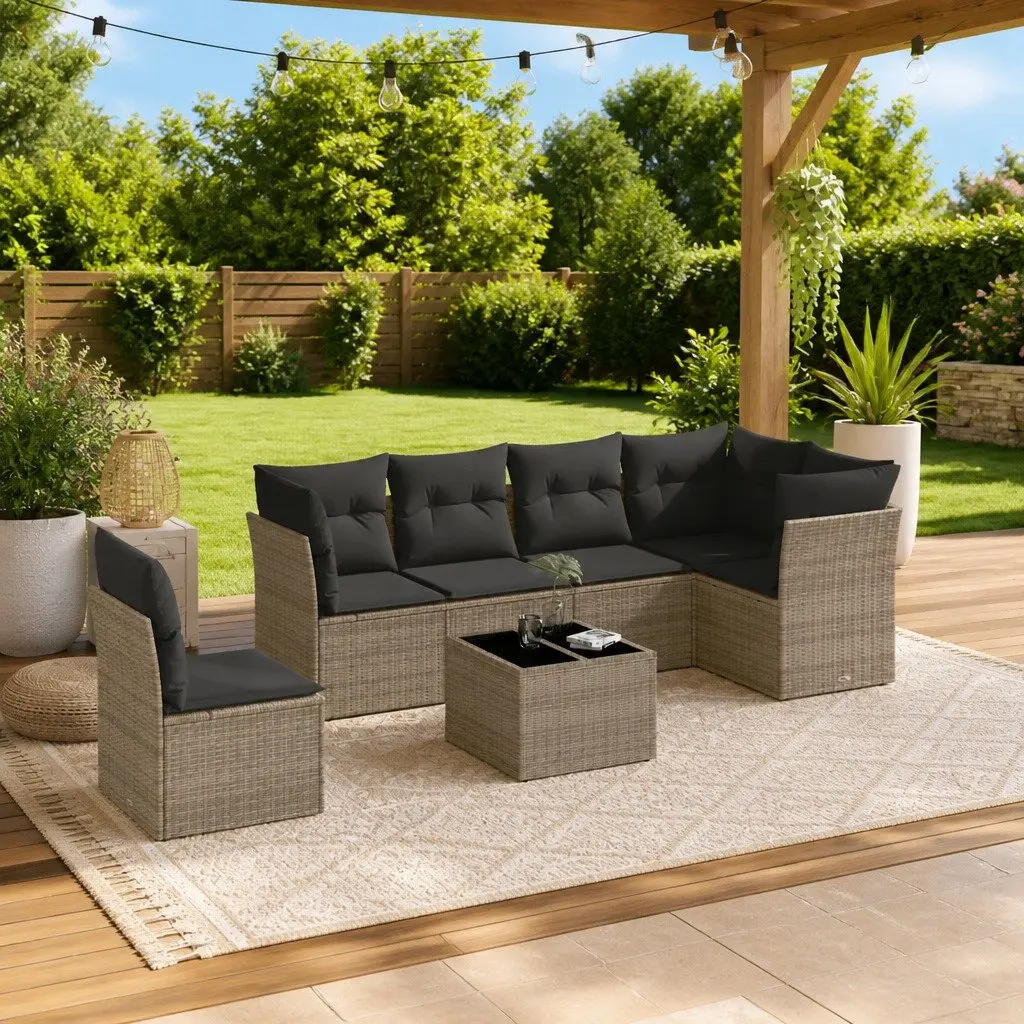 7 Piece Garden Sofa Set with Cushions Grey Poly Rattan Outdoor Furniture