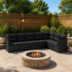 Garden Sofa Set 7 Piece Outdoor Furniture Patio Lounge Black Poly Rattan Modular