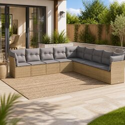 Garden Sofa Set 9 Piece Outdoor Furniture Beige Poly Rattan Patio Seating with