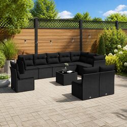 11 Piece Outdoor Garden Sofa Set Black Poly Rattan Patio Furniture with Storage