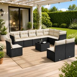 11 Piece Outdoor Garden Sofa Set Black Poly Rattan Patio Furniture with Cushions