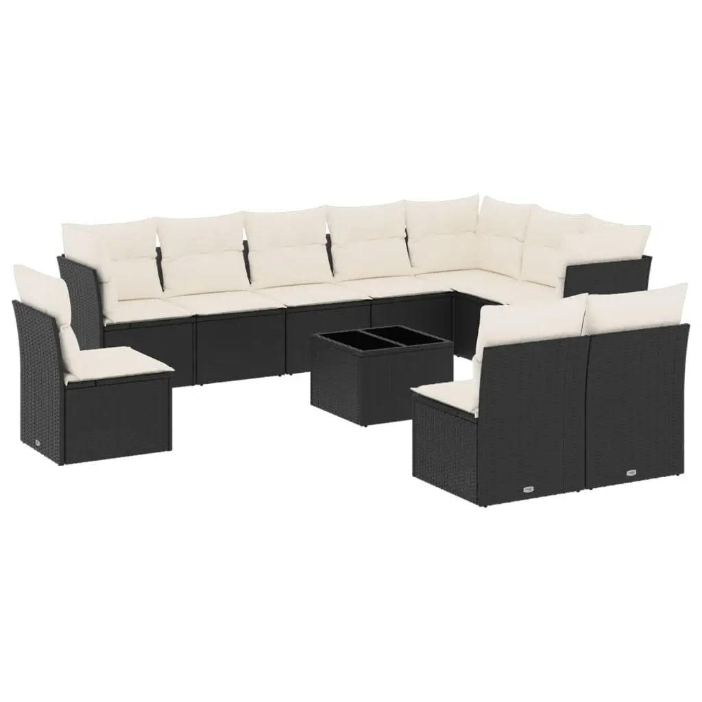 11 Piece Outdoor Garden Sofa Set Black Poly Rattan Patio Furniture with Cushions