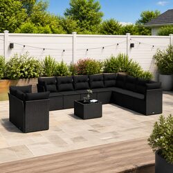 Garden Sofa Set 11 Piece Outdoor Furniture Black Poly Rattan Patio Seating
