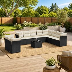 Garden Sofa Set 11 Piece Outdoor Furniture Black Poly Rattan Modular Patio