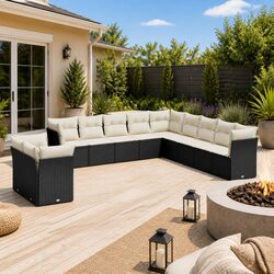 Garden Sofa Set 11 Piece Outdoor Furniture Patio Black Poly Rattan Modular