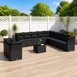 Garden Sofa Set 12 Piece Outdoor Furniture Black Poly Rattan Modular Patio