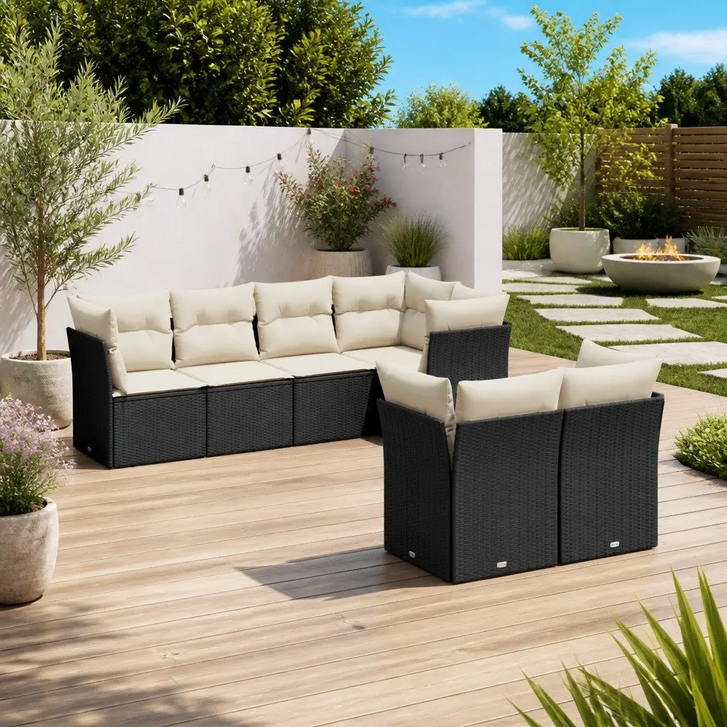 7 Piece Garden Sofa Set with Storage Cushions Black Poly Rattan Outdoor