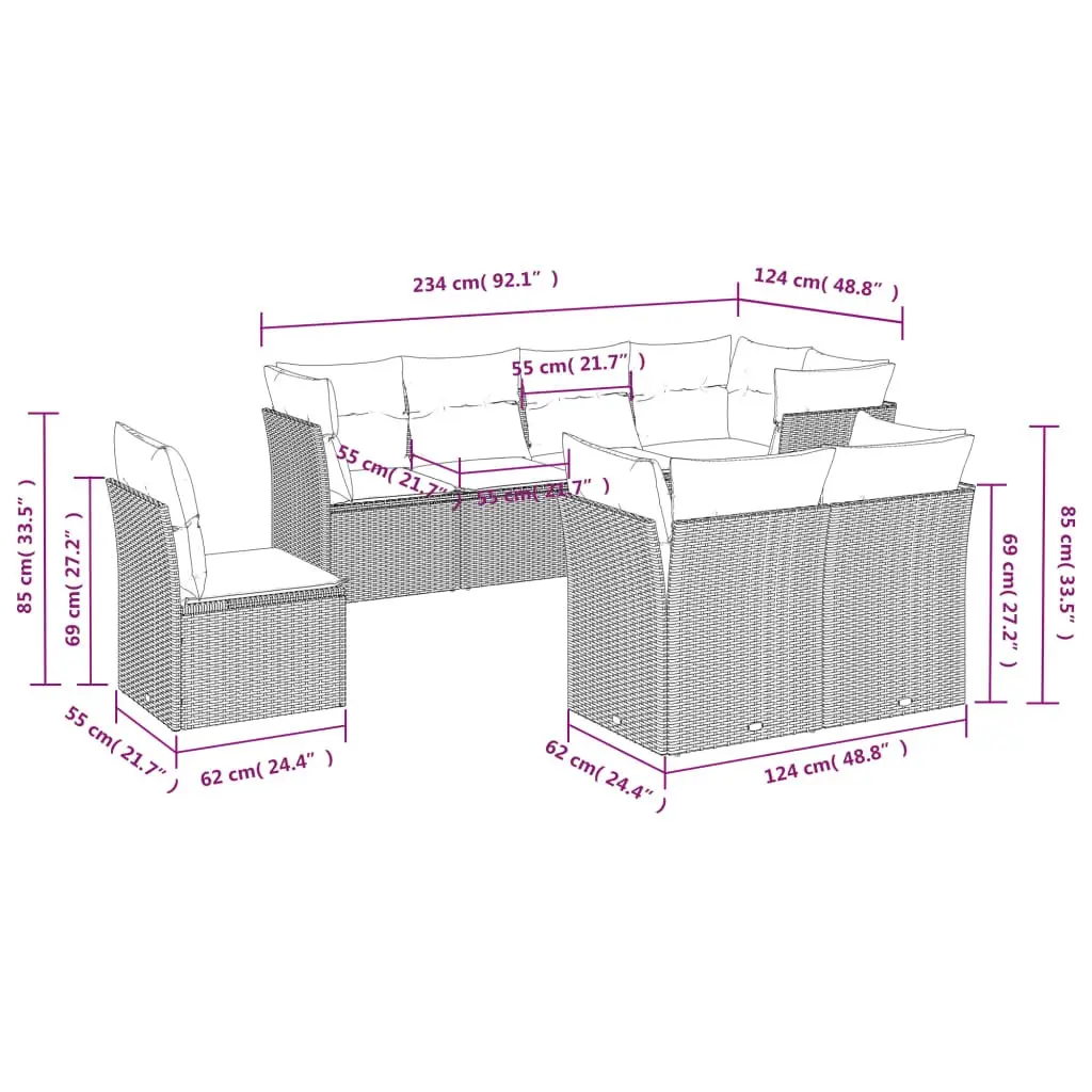 Garden Sofa Set Modular 8 Piece Grey PE Poly Rattan Outdoor Furniture