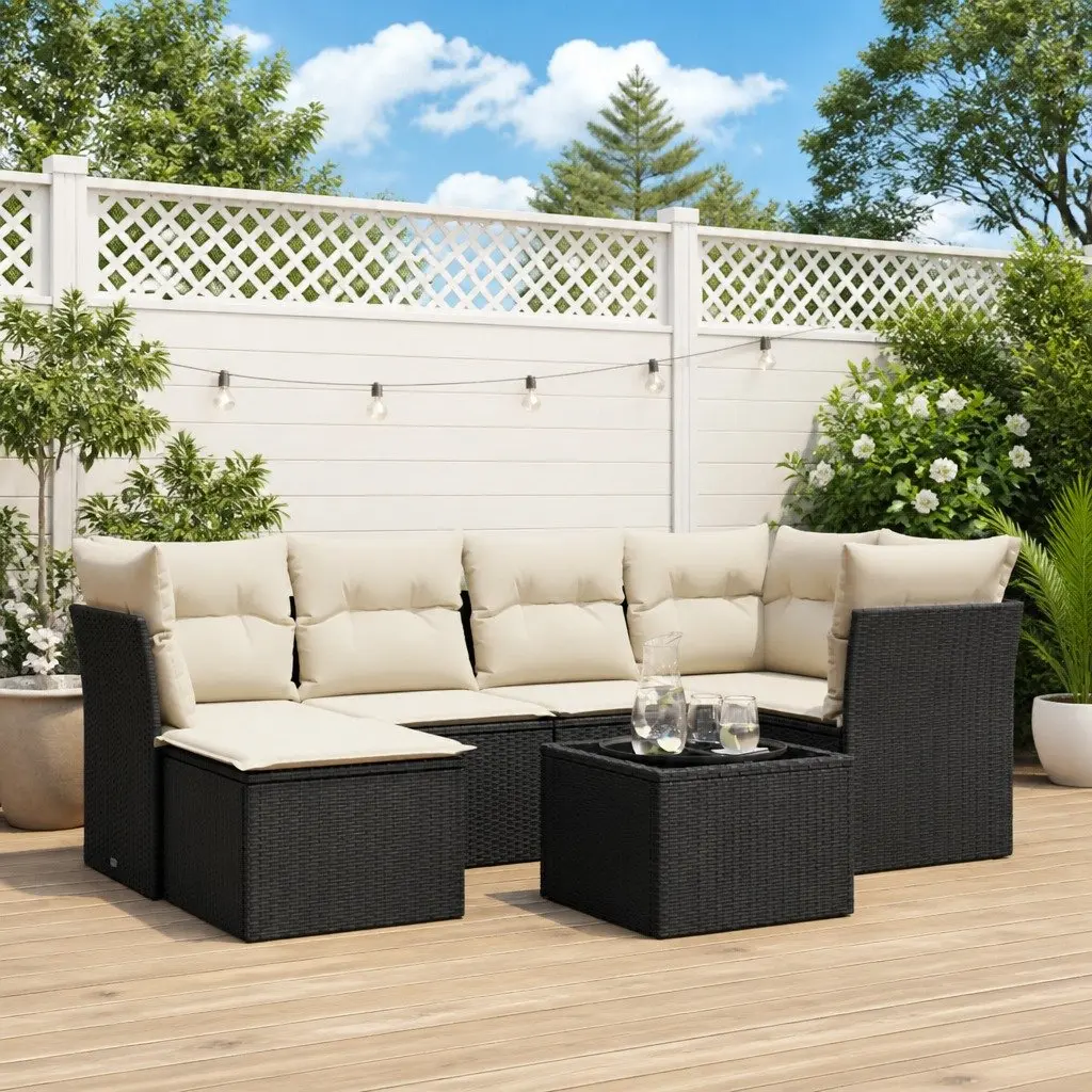 7 Piece Garden Sofa Set Outdoor Patio Furniture Black Poly Rattan with Cushions