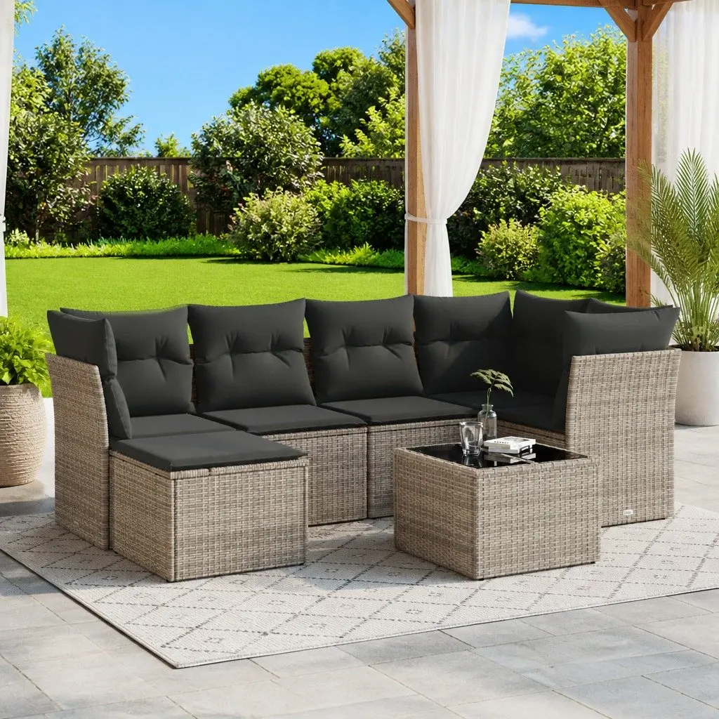 7 Piece Garden Sofa Set with Cushions Grey Poly Rattan Outdoor Patio Furniture