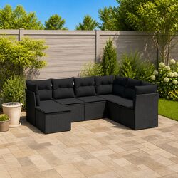 7 Piece Garden Sofa Set Outdoor Furniture Black Poly Rattan Patio Sectional