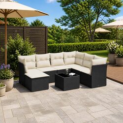 8 Piece Outdoor Garden Sofa Set Black Poly Rattan Patio Furniture with Cushions