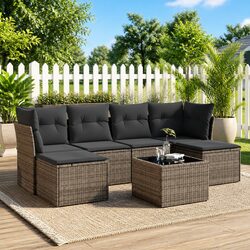 7 Piece Garden Sofa Set Grey Poly Rattan Outdoor Furniture Patio Lounge Cushions