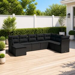 Outdoor Garden Sofa Set 8 Piece Black Poly Rattan Patio Furniture with Cushions