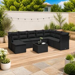 Garden Sofa Set 9 Piece Outdoor Patio Furniture Black Poly Rattan with Cushions