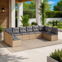 Outdoor Garden Sofa Set 10 Piece Beige Poly Rattan Patio Furniture with Storage