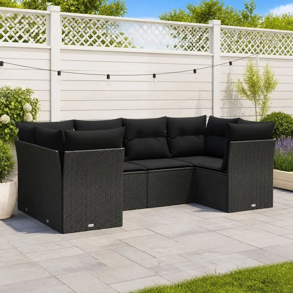 6 Piece Garden Sofa Set with Storage Cushions Black Poly Rattan Outdoor Patio