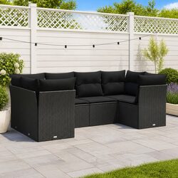 6 Piece Garden Sofa Set with Storage Cushions Black Poly Rattan Outdoor Patio