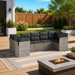 7 Piece Garden Sofa Set with Cushions Grey Outdoor Furniture Modular Patio