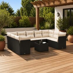 Garden Sofa Set 10 Piece Outdoor Furniture Black Poly Rattan Patio Seating with