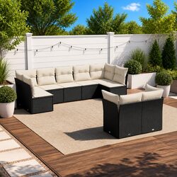 Outdoor Garden Sofa Set 9 Piece Black Poly Rattan Patio Furniture with Cushions