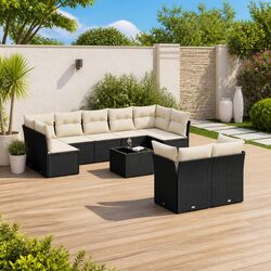 Outdoor Garden Sofa Set 10 Piece Black Poly Rattan Patio Furniture with Cushions