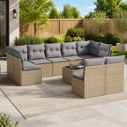 Garden Sofa Set 10 Piece Outdoor Furniture Beige Poly Rattan Patio Seating