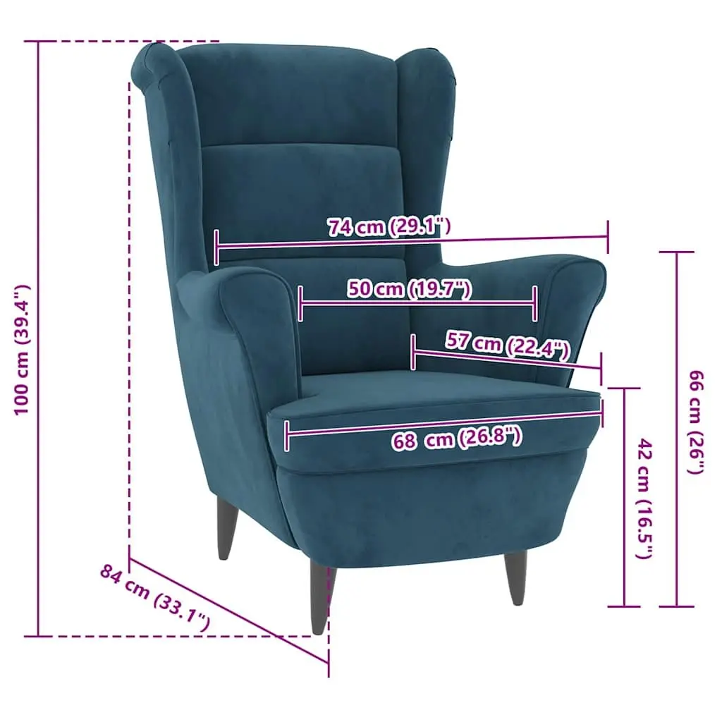 Armchair Velvet Upholstered Padded Backrest Blue