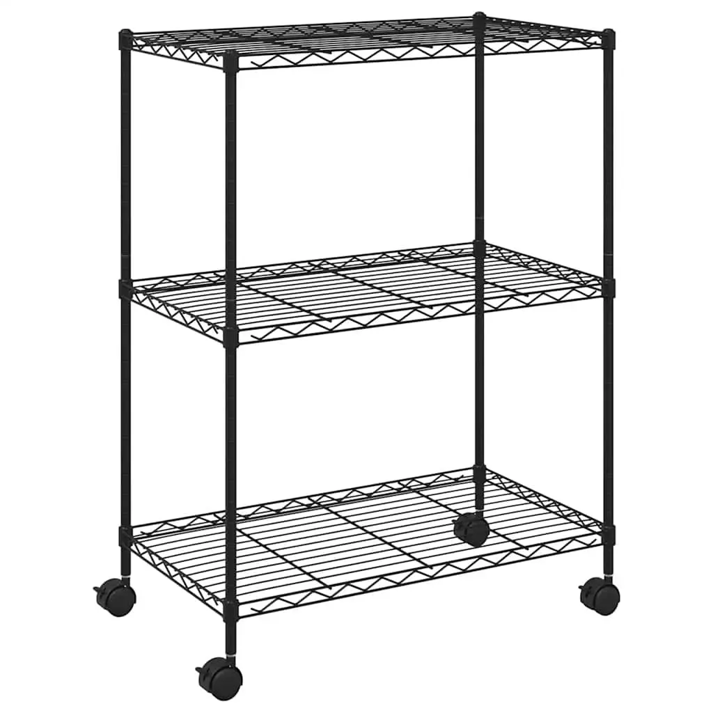 3-Tier Industrial Storage Rack with Wheels 60x35x81cm Black Shelving Unit