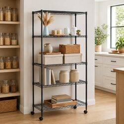 5-Tier Storage Shelf with Wheels 75x35x155cm Black Industrial Garage Workshop