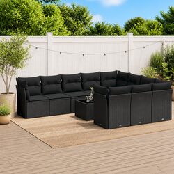11 Piece Outdoor Garden Sofa Set Black Poly Rattan Patio Furniture with Storage