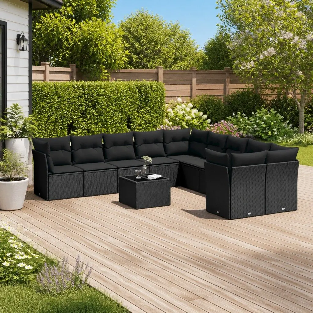 11 Piece Outdoor Garden Sofa Set Cushions Black Poly Rattan Patio Furniture