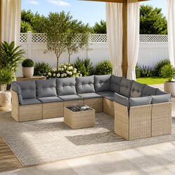 Garden Sofa Set 11 Piece Outdoor Furniture Beige Poly Rattan Patio Seating