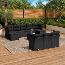 Garden Sofa Set 11 Piece Black Poly Rattan Outdoor Furniture Patio Cushions