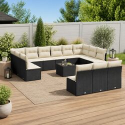 Garden Sofa Set 14 Piece Outdoor Furniture Black Poly Rattan Modular Patio