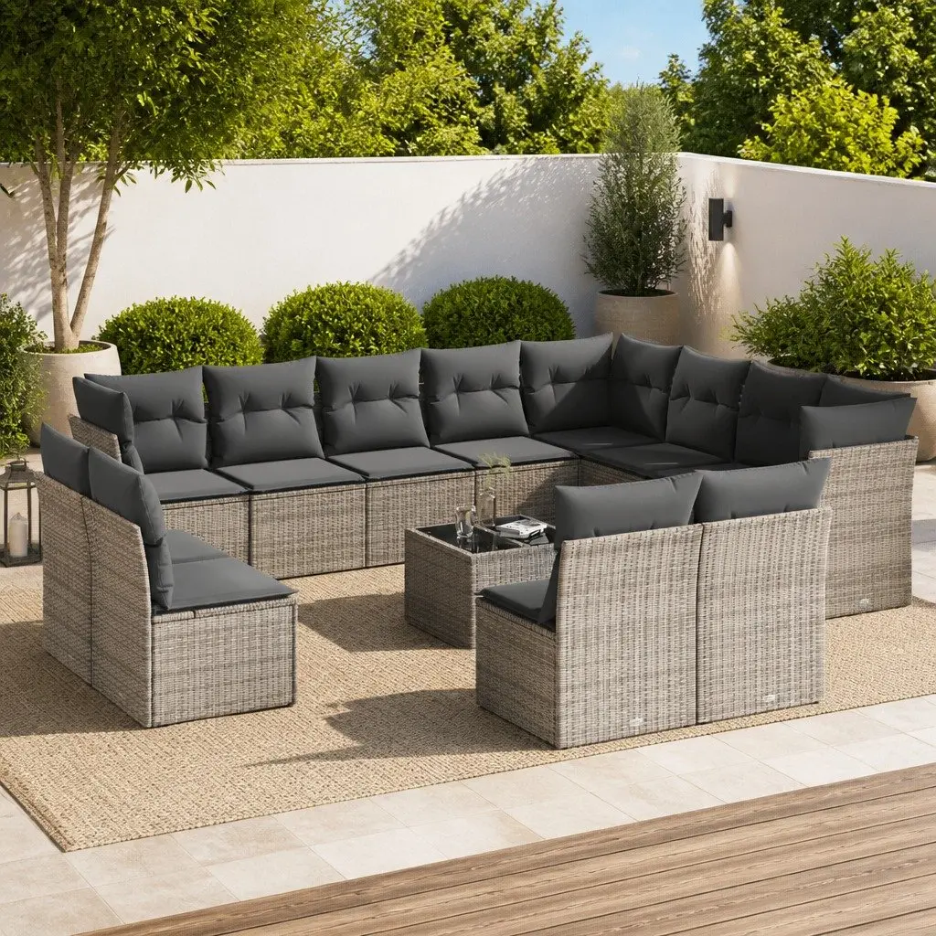 13 Piece Garden Sofa Set Grey PE Rattan Outdoor Furniture Sectional with Tempered Glass Table