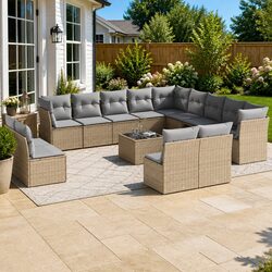 Outdoor Garden Sofa Set 14 Piece Poly Rattan Furniture Beige with Cushions