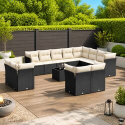 Garden Sofa Set 13 Piece Outdoor Furniture Black Poly Rattan Patio Seating with