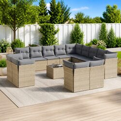 Garden Sofa Set 14 Piece Outdoor Furniture Modular Beige Poly Rattan Patio