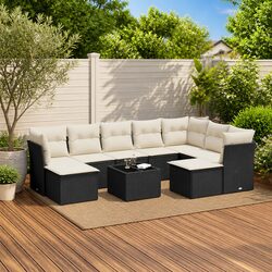 10 Piece Outdoor Garden Sofa Set with Storage Cushions Black Poly Rattan Patio