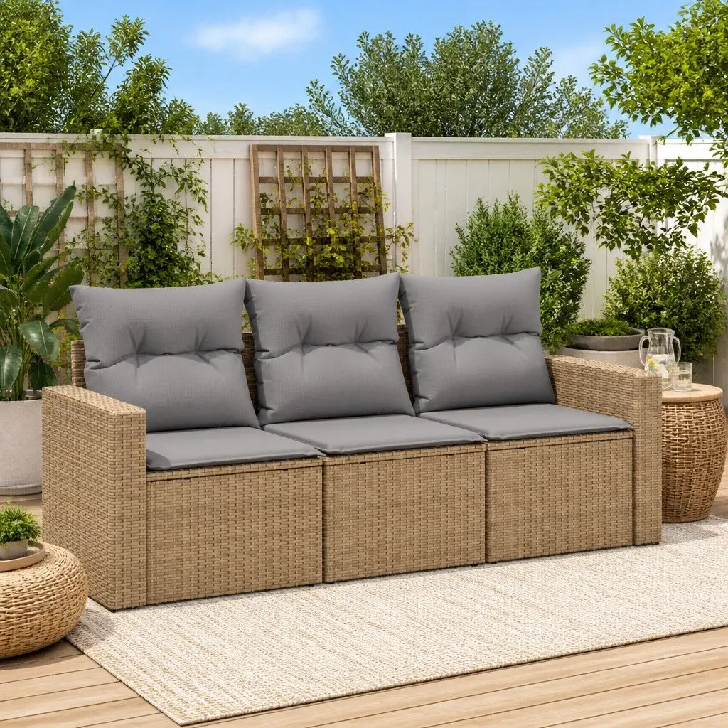 3 Piece Outdoor Sectional Sofa Set Beige Poly Rattan Garden Patio Furniture