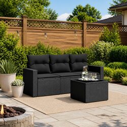 Outdoor Sectional Sofa Set 4 Piece Black Poly Rattan Garden Furniture with