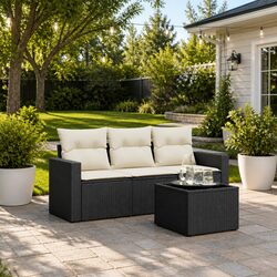 Outdoor Garden Sectional Sofa Set 4 Piece with Storage Cushions Black Rattan