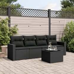 5 Piece Outdoor Sectional Sofa Set Black Poly Rattan Garden Furniture with