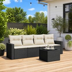 5 Piece Outdoor Sectional Sofa Set Black Poly Rattan Garden Patio Furniture