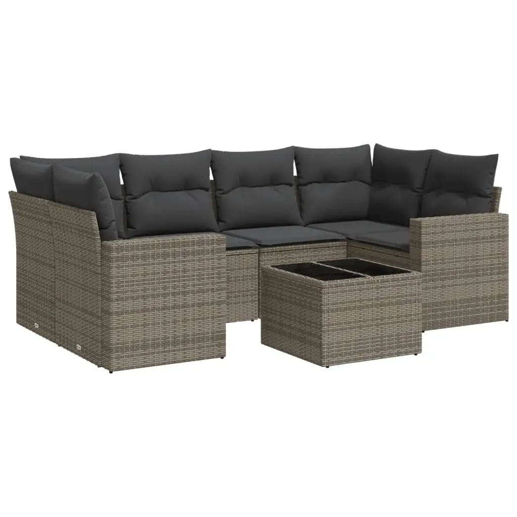 7 Piece Garden Sofa Set Grey Outdoor Sectional with Storage Cushions and Glass Table