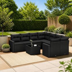 Outdoor Sectional Sofa Set 9 Piece Black Poly Rattan Garden Furniture with