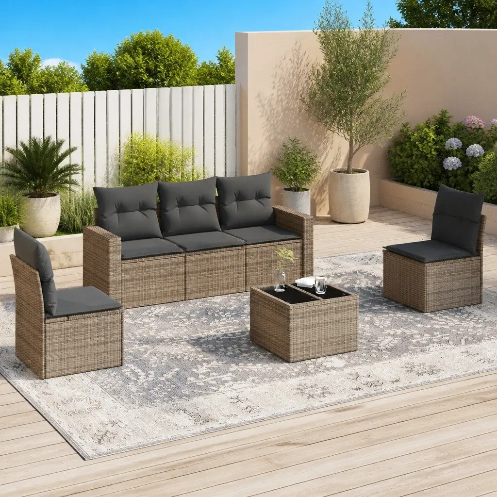 6 Piece Outdoor Sectional Sofa Set Grey Poly Rattan Garden Patio Furniture with